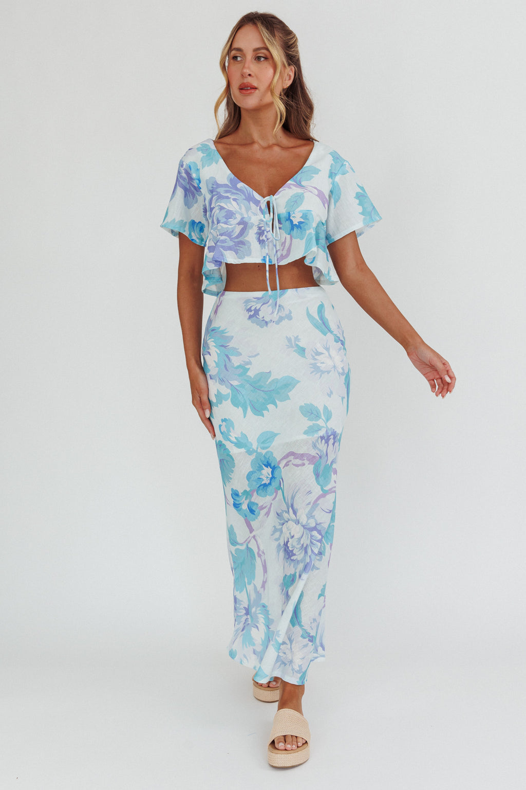 La Vie Tied Bust Crop Top Floral Blue by Selfie Leslie
