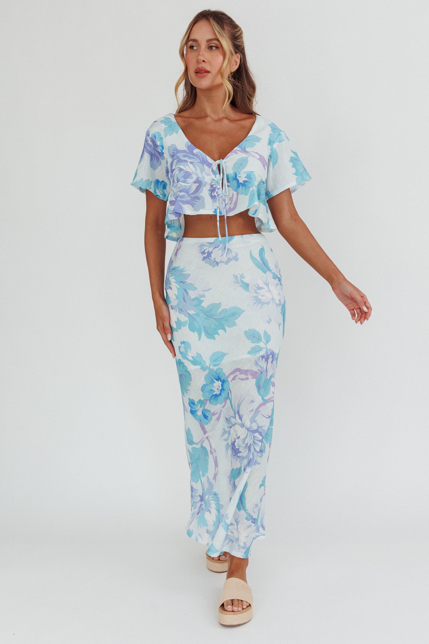 La Vie Tied Bust Crop Top Floral Blue by Selfie Leslie