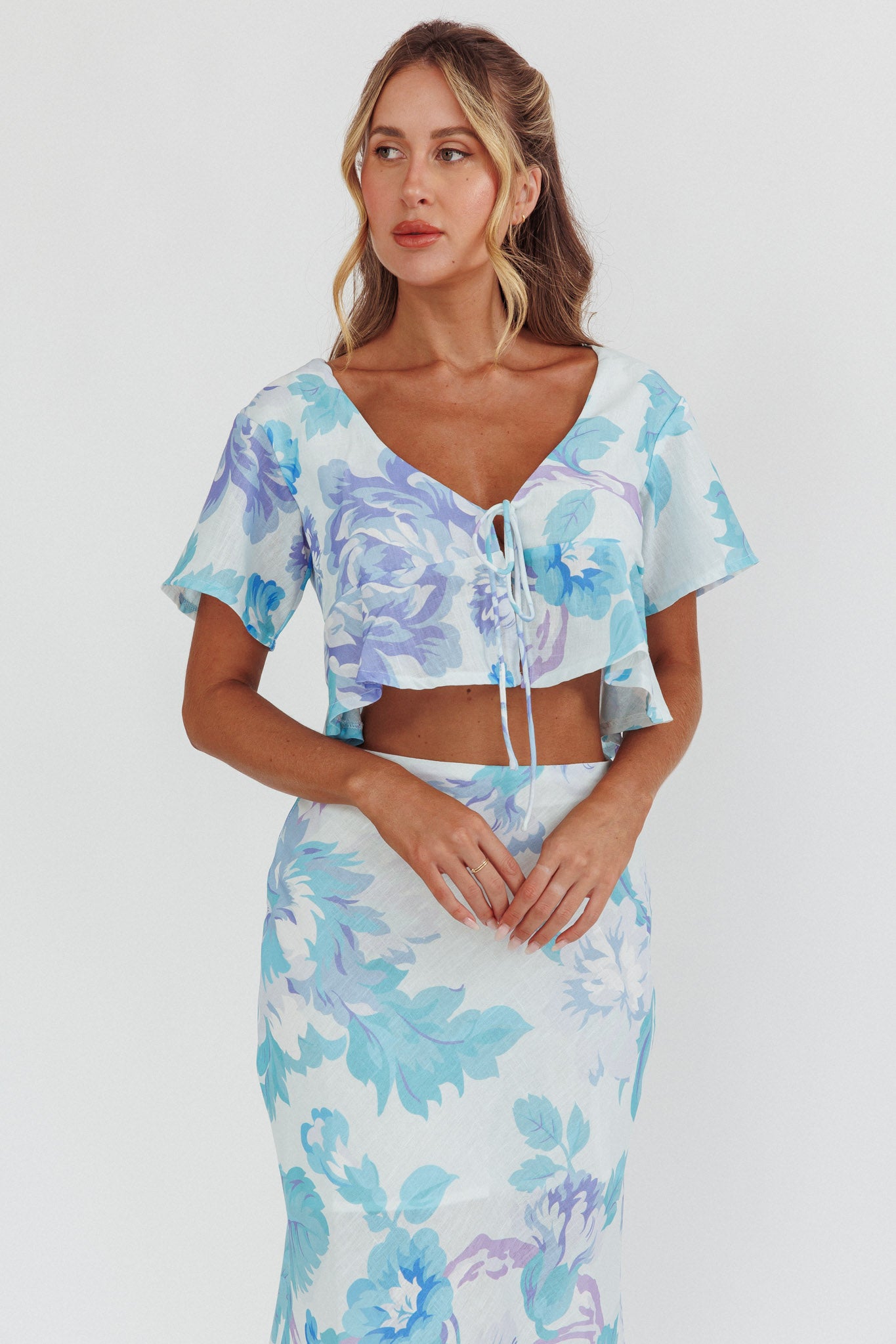 La Vie Tied Bust Crop Top Floral Blue by Selfie Leslie