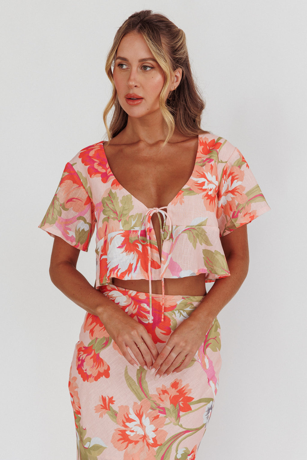 La Vie Tied Bust Crop Top Floral Peach by Selfie Leslie