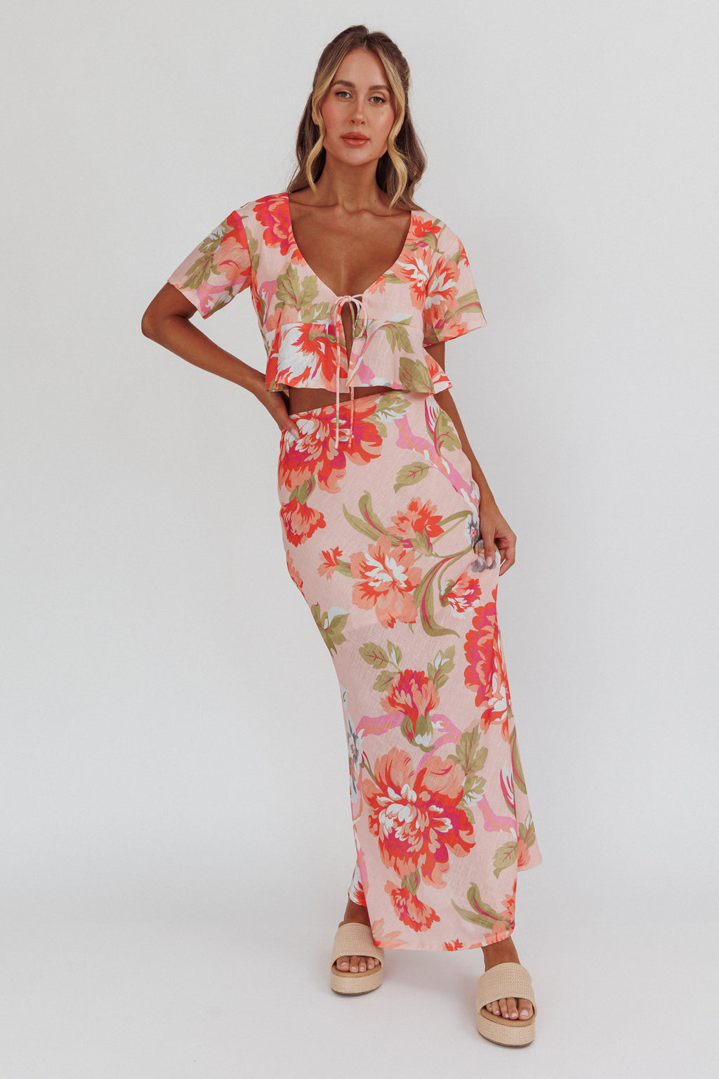 La Vie Tied Bust Crop Top Floral Peach by Selfie Leslie