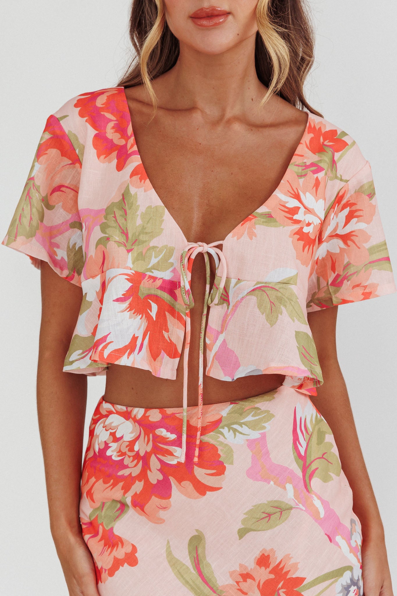 La Vie Tied Bust Crop Top Floral Peach by Selfie Leslie