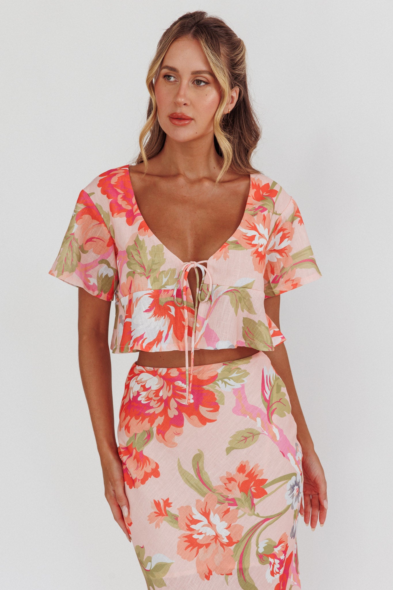 La Vie Tied Bust Crop Top Floral Peach by Selfie Leslie