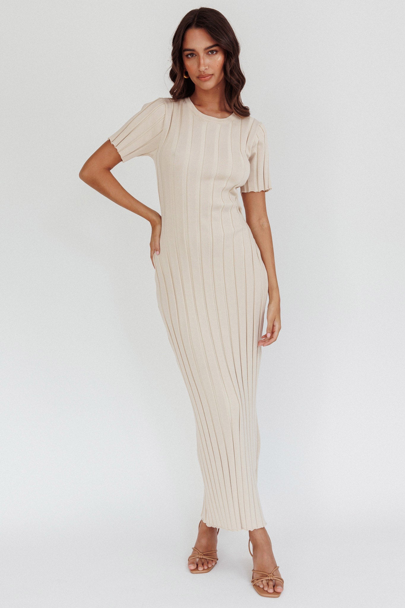 Shaylee Short Sleeve Knit Maxi Dress Sand by Selfie Leslie