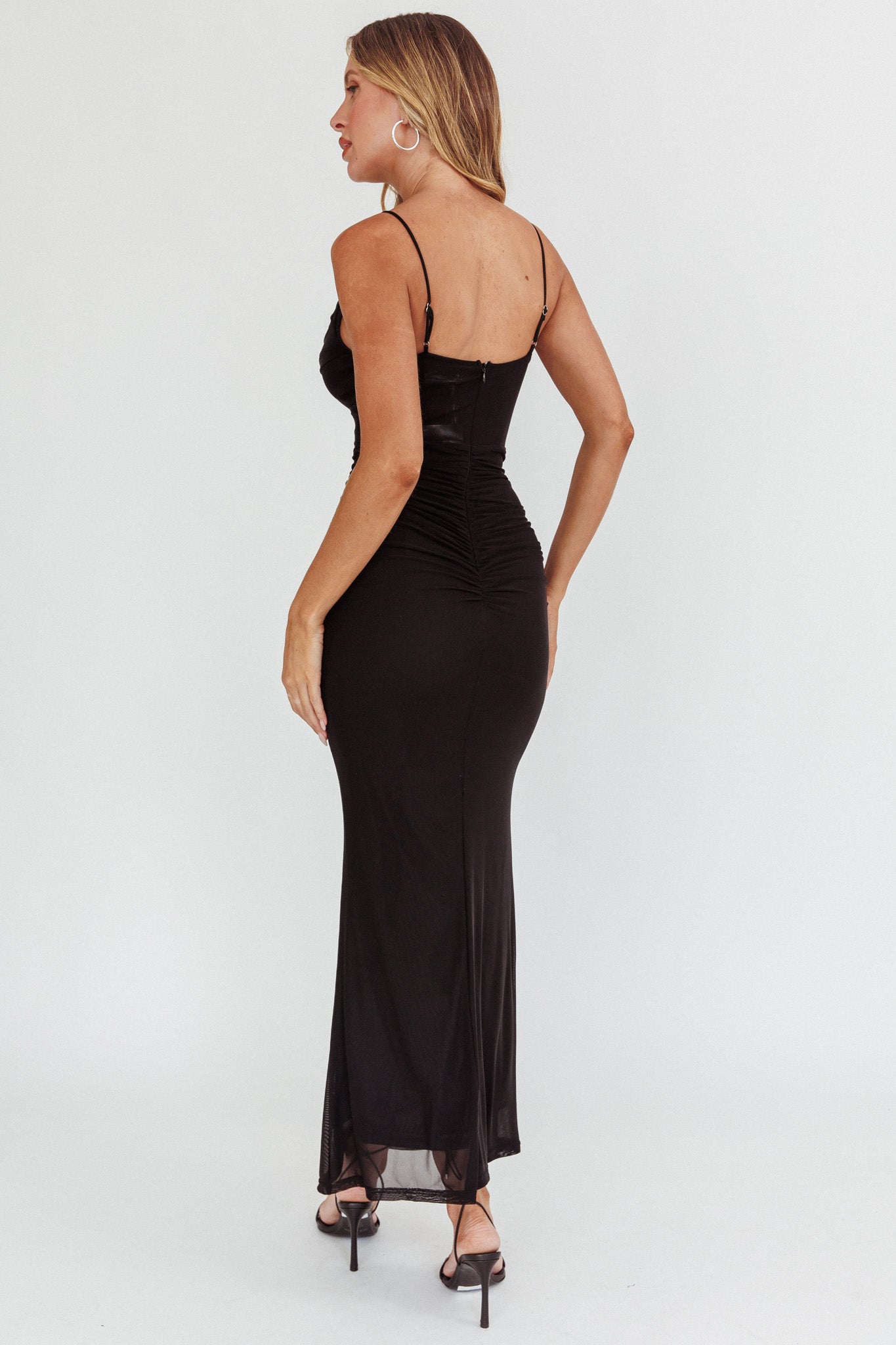 Morella Ruched Waist Mesh Maxi Dress Black by Selfie Leslie