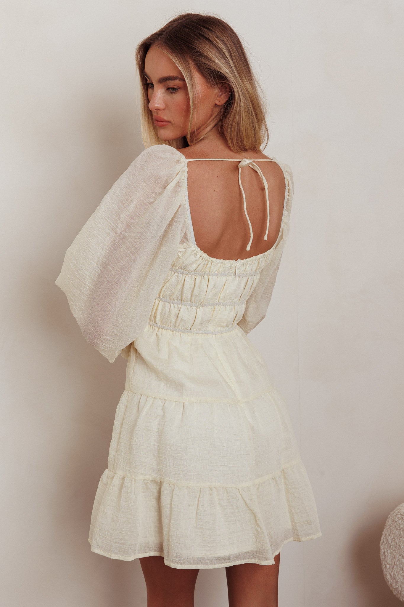 On A High Puff Sleeves Low Back Mini Dress Ivory | Selfie Leslie