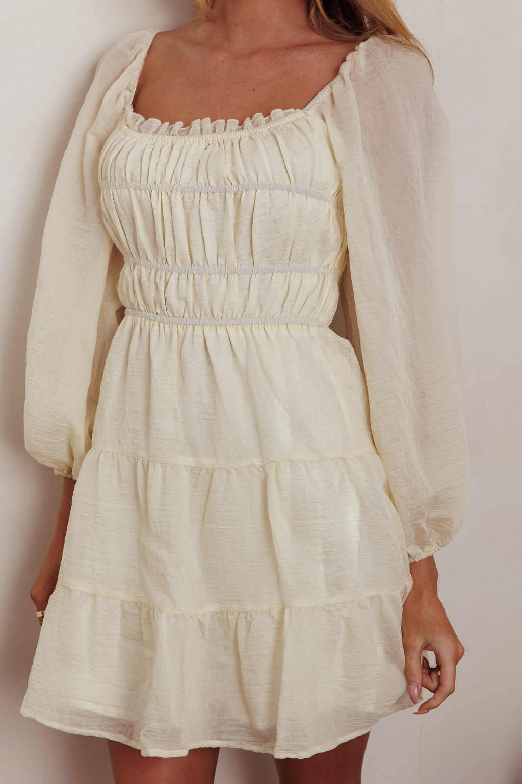 On A High Puff Sleeves Low Back Mini Dress Ivory by Selfie Leslie