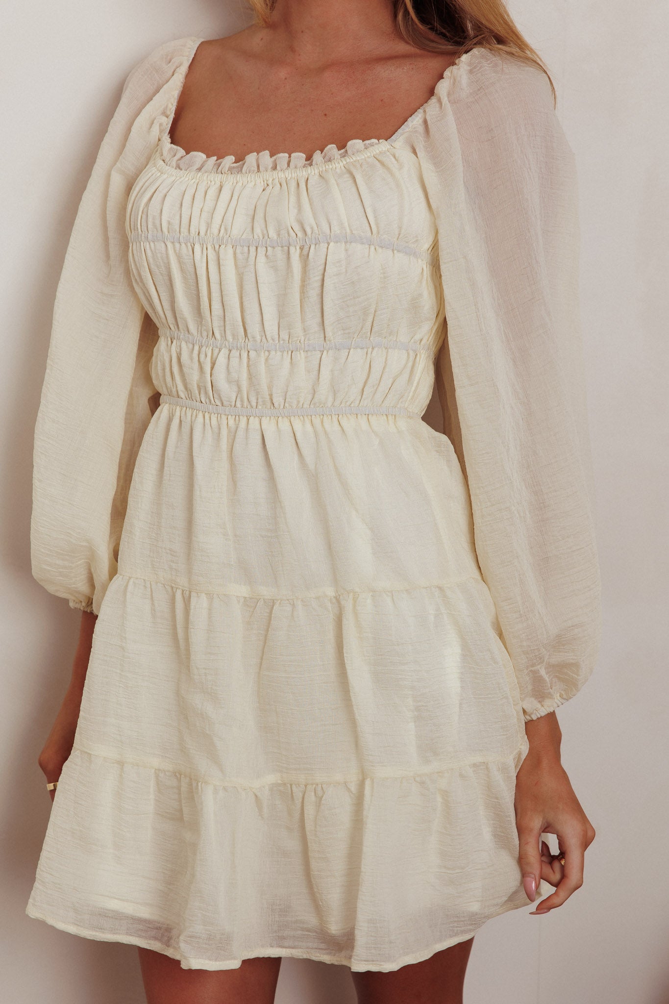 On A High Puff Sleeves Low Back Mini Dress Ivory by Selfie Leslie