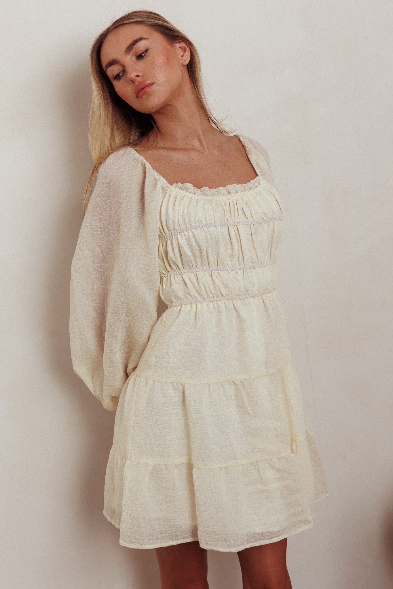 On A High Puff Sleeves Low Back Mini Dress Ivory by Selfie Leslie