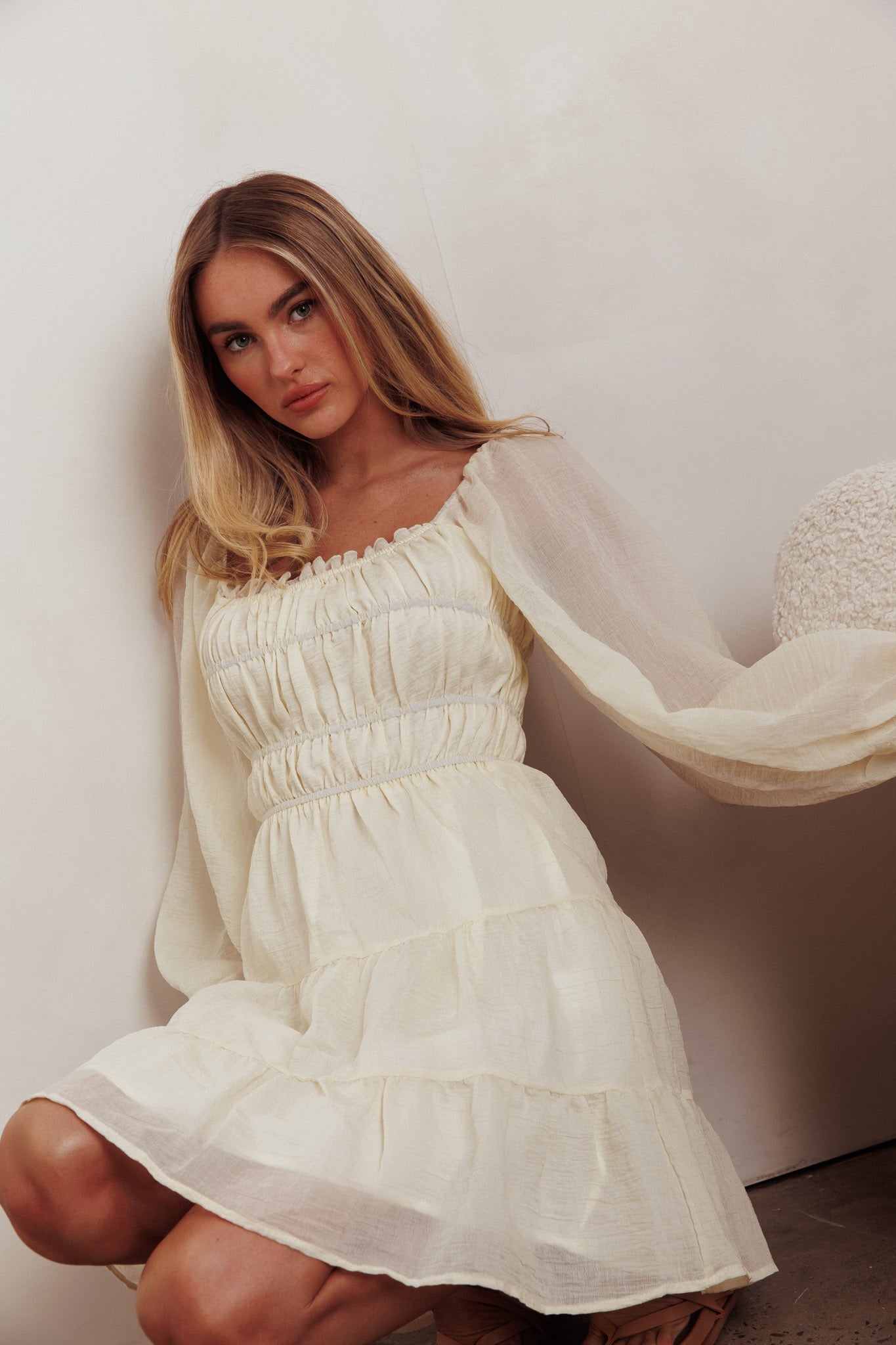 On A High Puff Sleeves Low Back Mini Dress Ivory - S