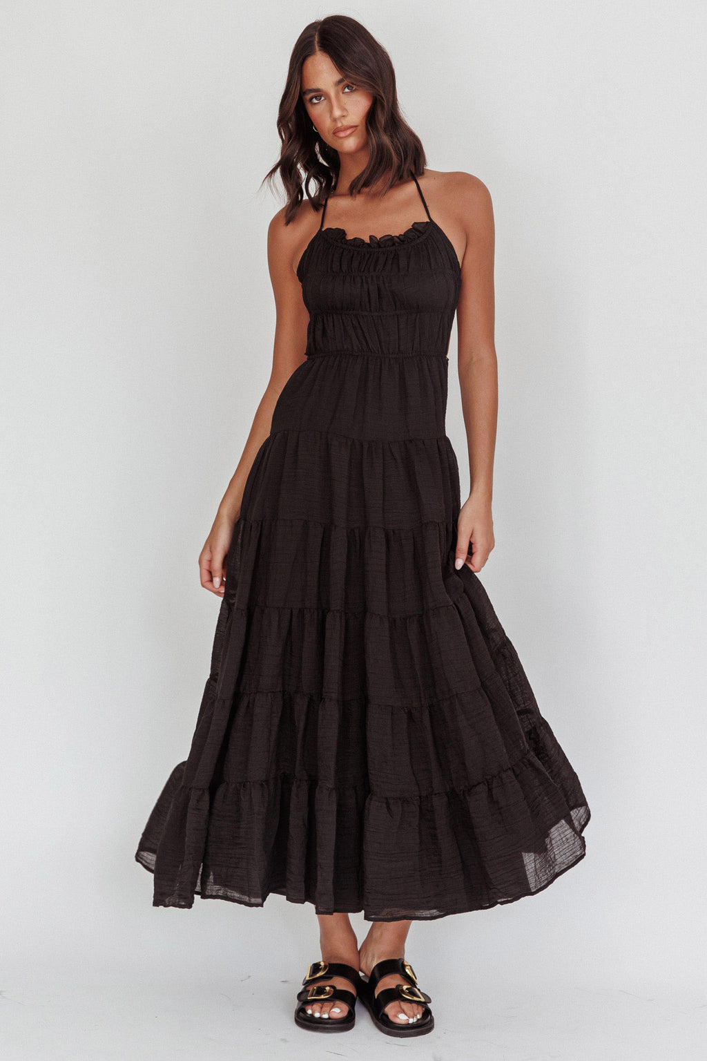 On A High Open Back Maxi Dress Black by Selfie Leslie