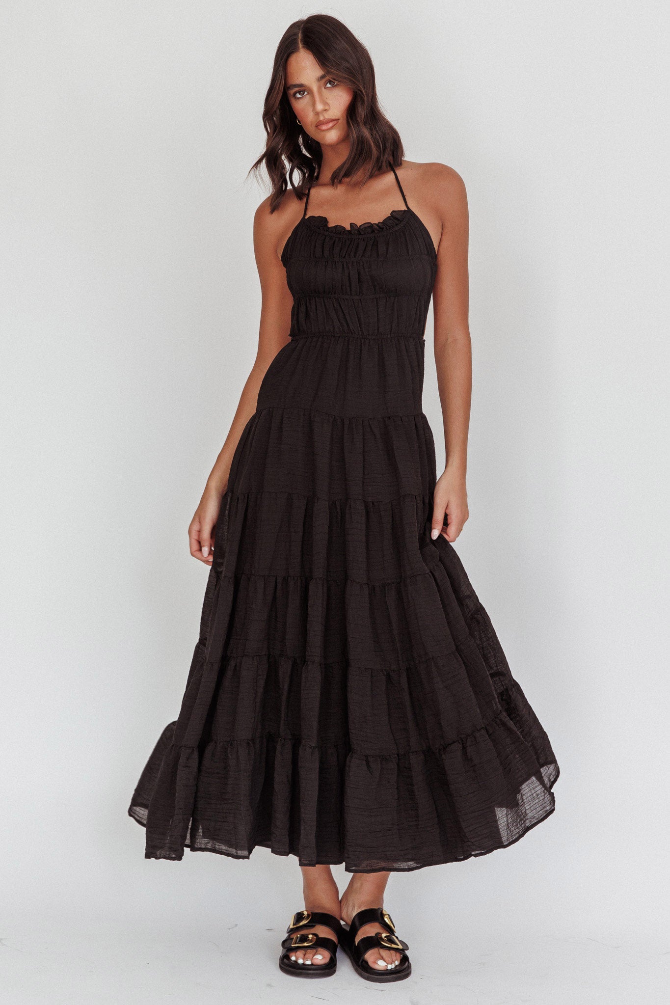On A High Open Back Maxi Dress Black by Selfie Leslie
