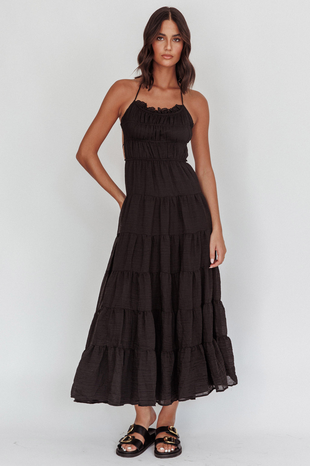 On A High Open Back Maxi Dress Black by Selfie Leslie