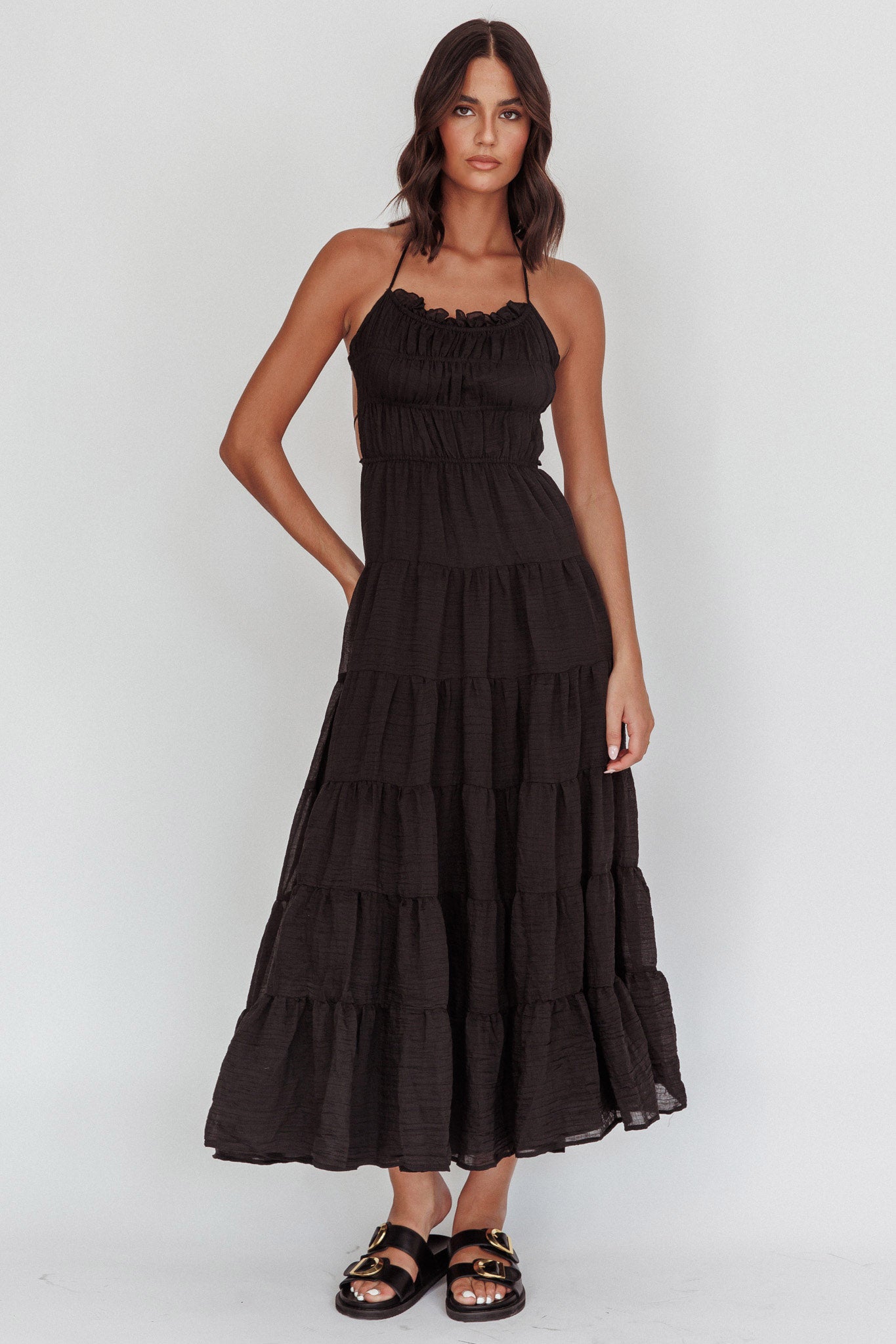 On A High Open Back Maxi Dress Black by Selfie Leslie