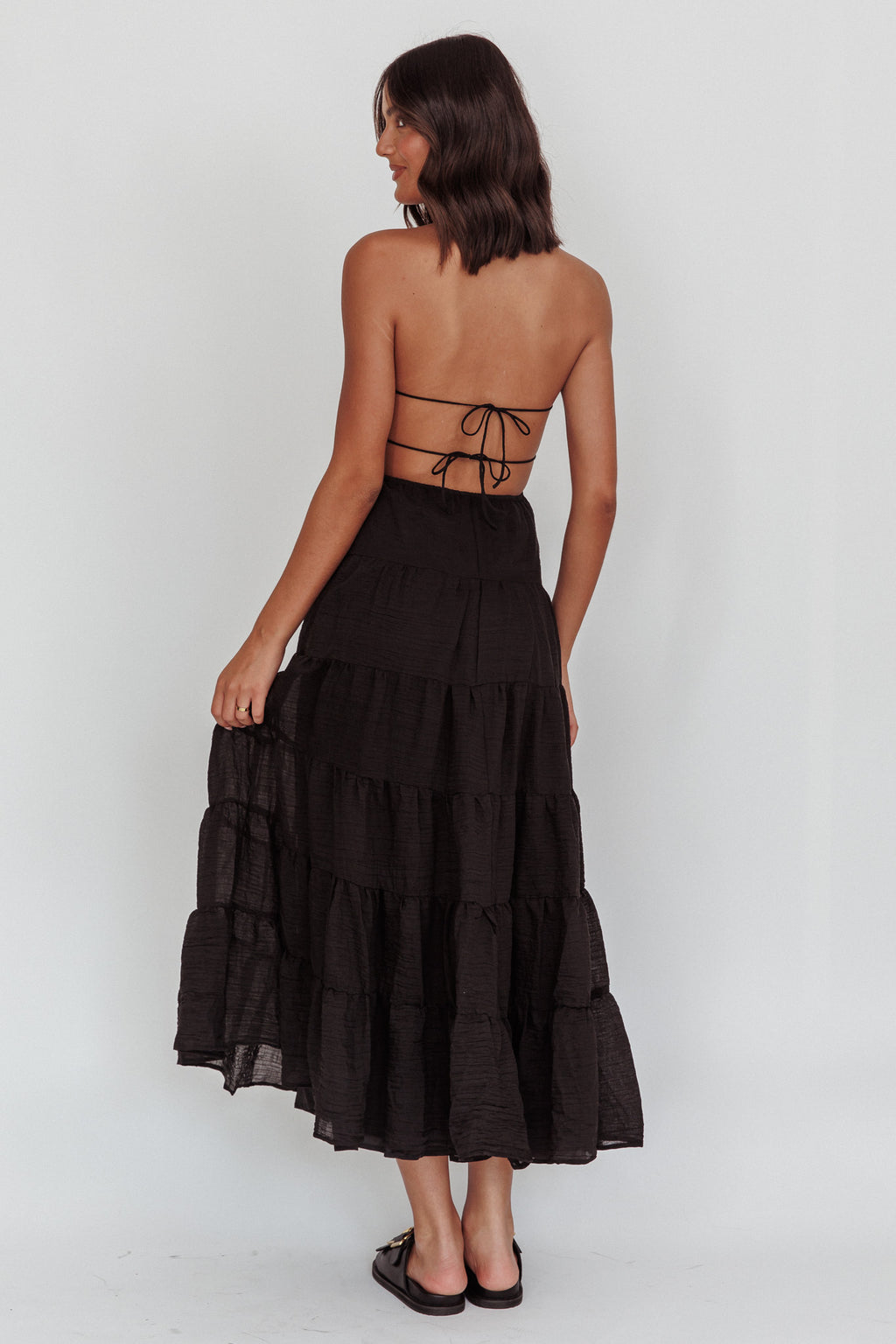 On A High Open Back Maxi Dress Black by Selfie Leslie