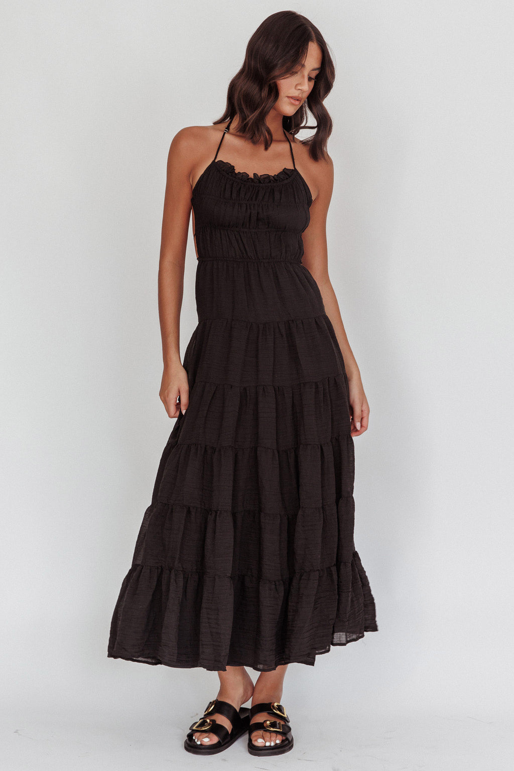 On A High Open Back Maxi Dress Black by Selfie Leslie