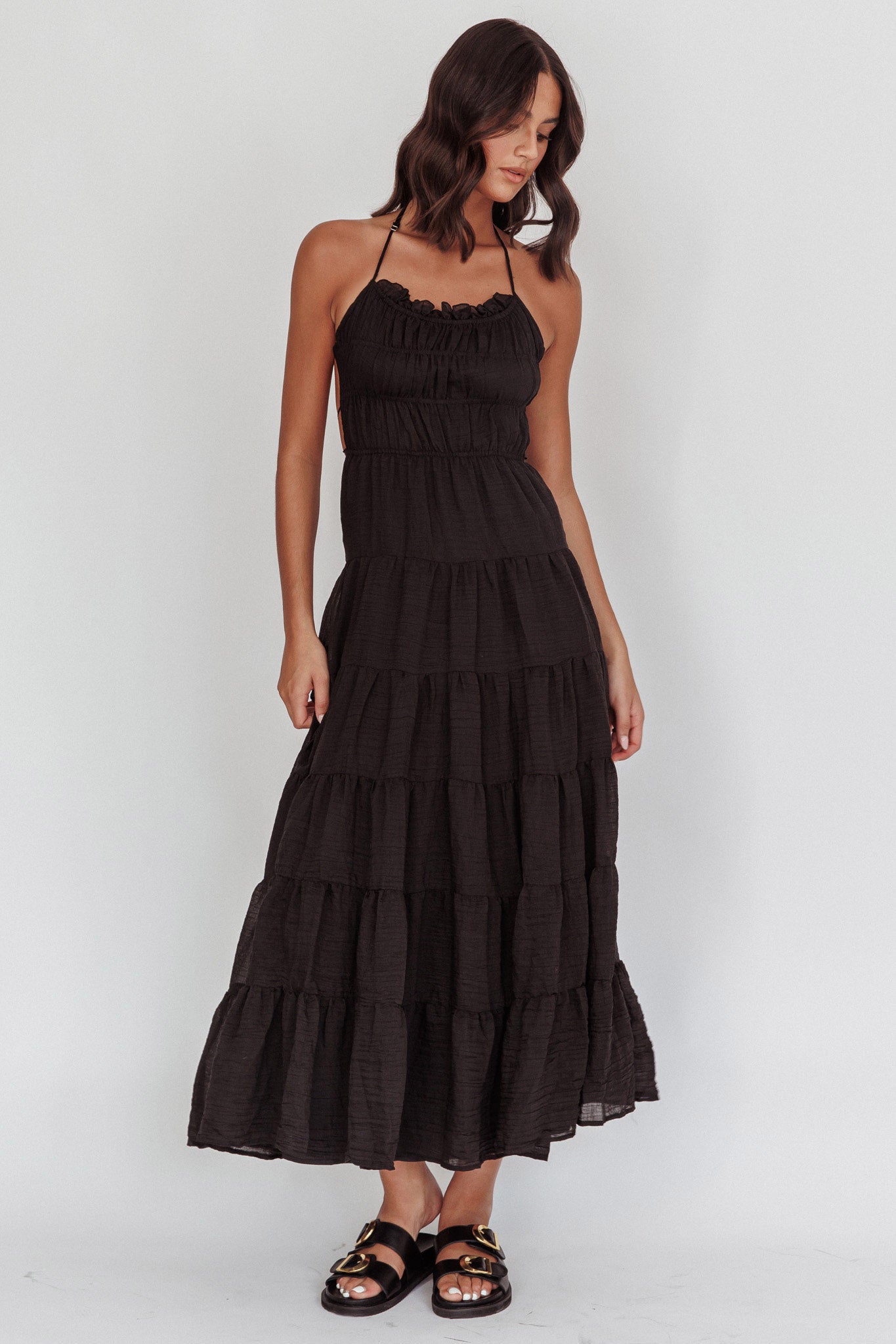 On A High Open Back Maxi Dress Black by Selfie Leslie