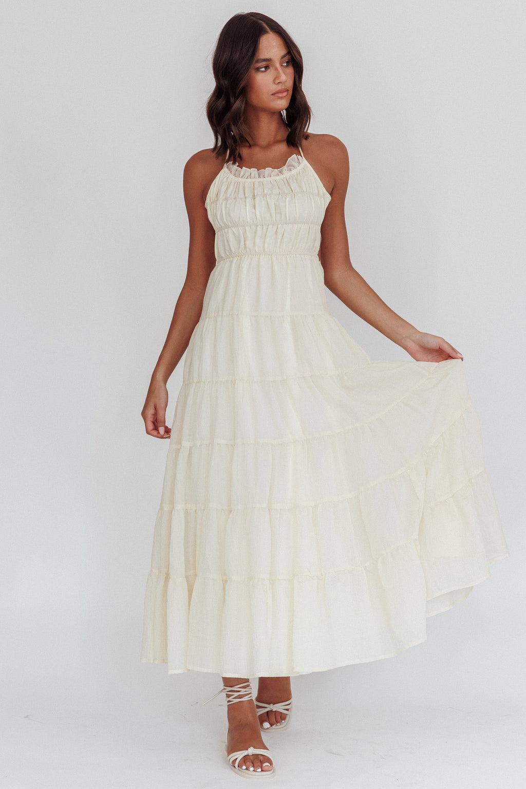 On A High Open Back Maxi Dress Ivory by Selfie Leslie