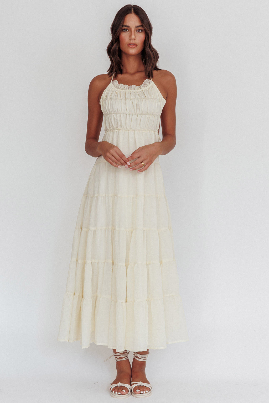 On A High Open Back Maxi Dress Ivory by Selfie Leslie