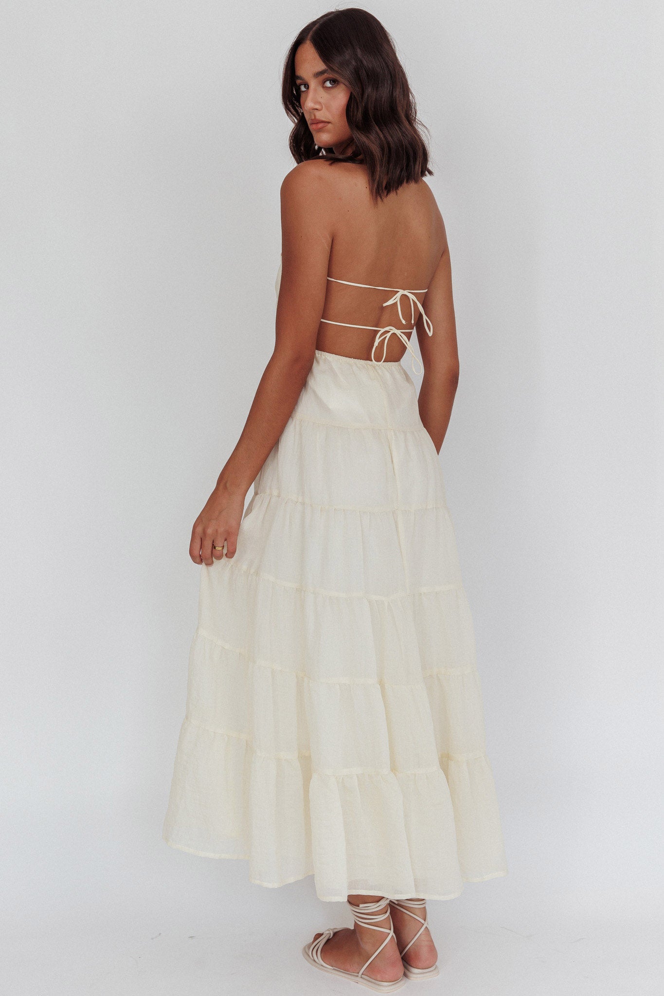 On A High Open Back Maxi Dress Ivory by Selfie Leslie