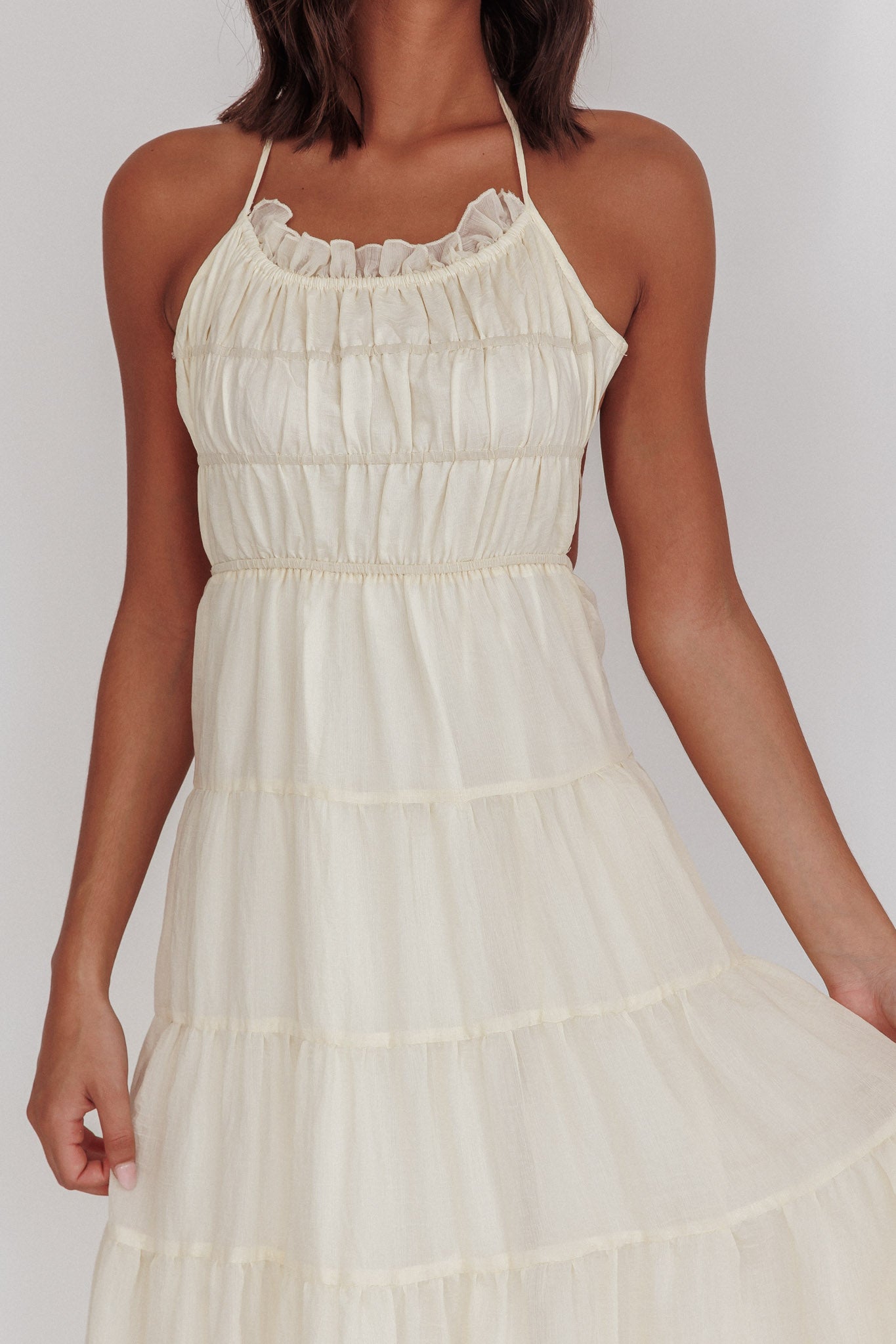 On A High Open Back Maxi Dress Ivory by Selfie Leslie