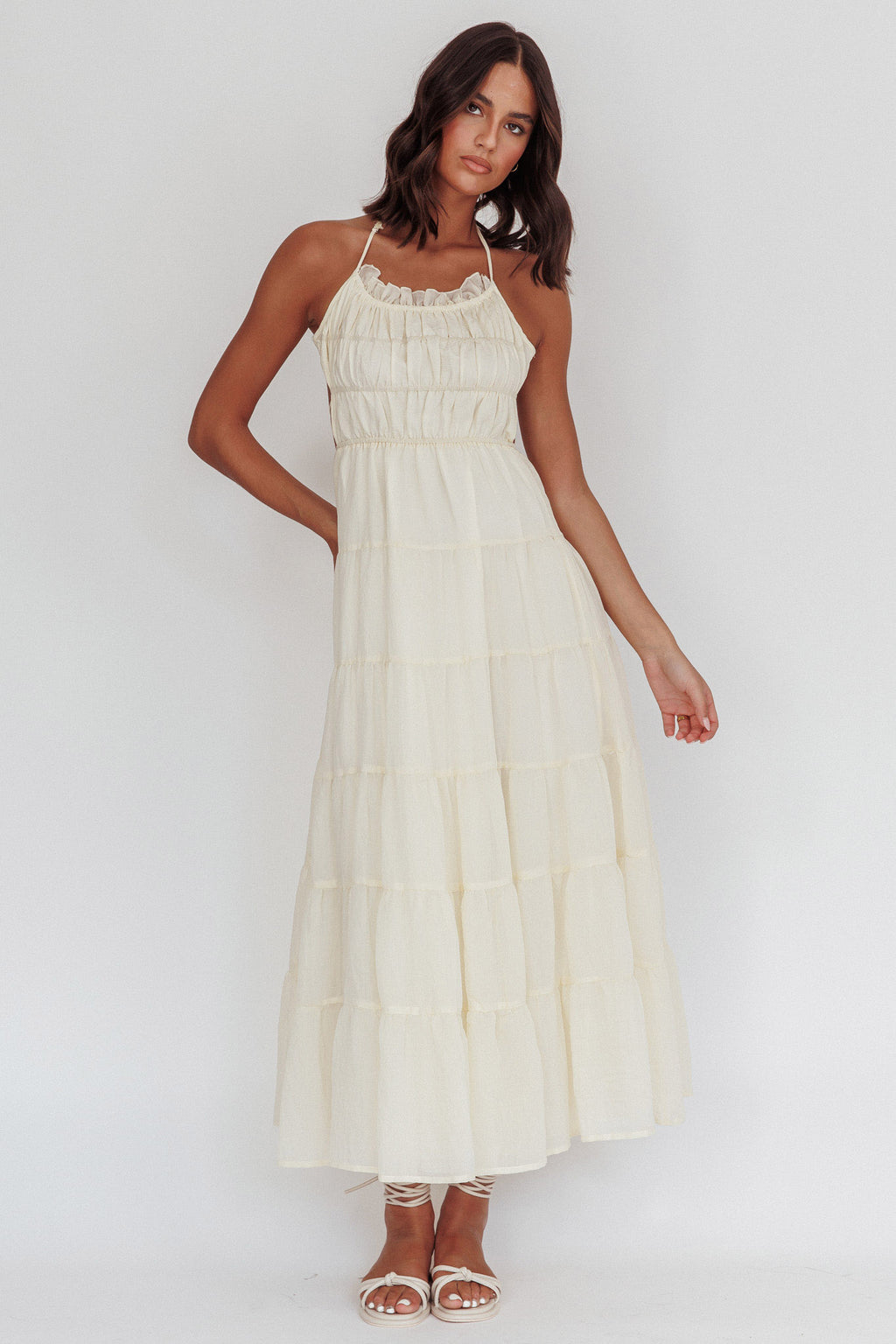 On A High Open Back Maxi Dress Ivory by Selfie Leslie