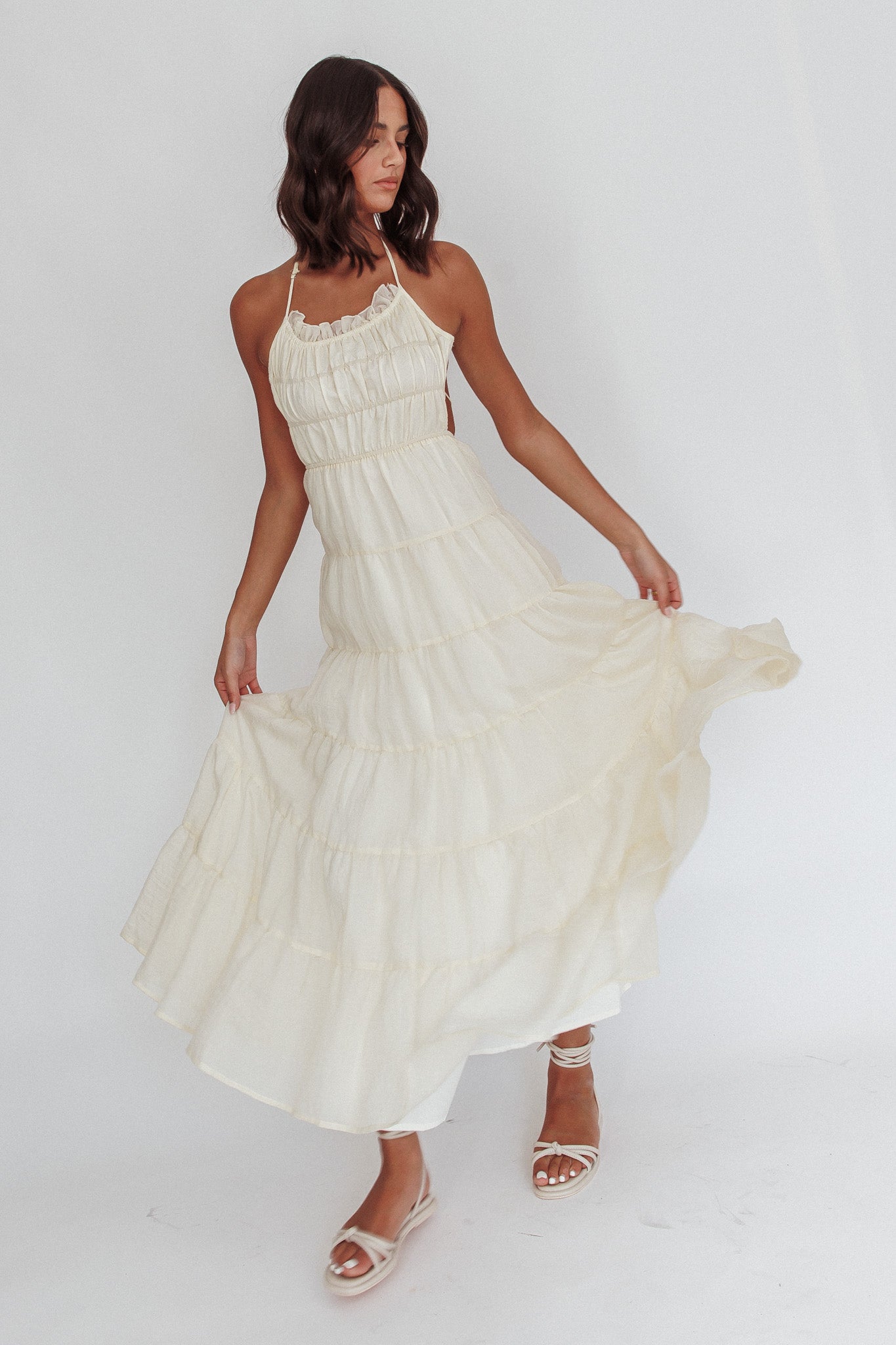 On A High Open Back Maxi Dress Ivory by Selfie Leslie