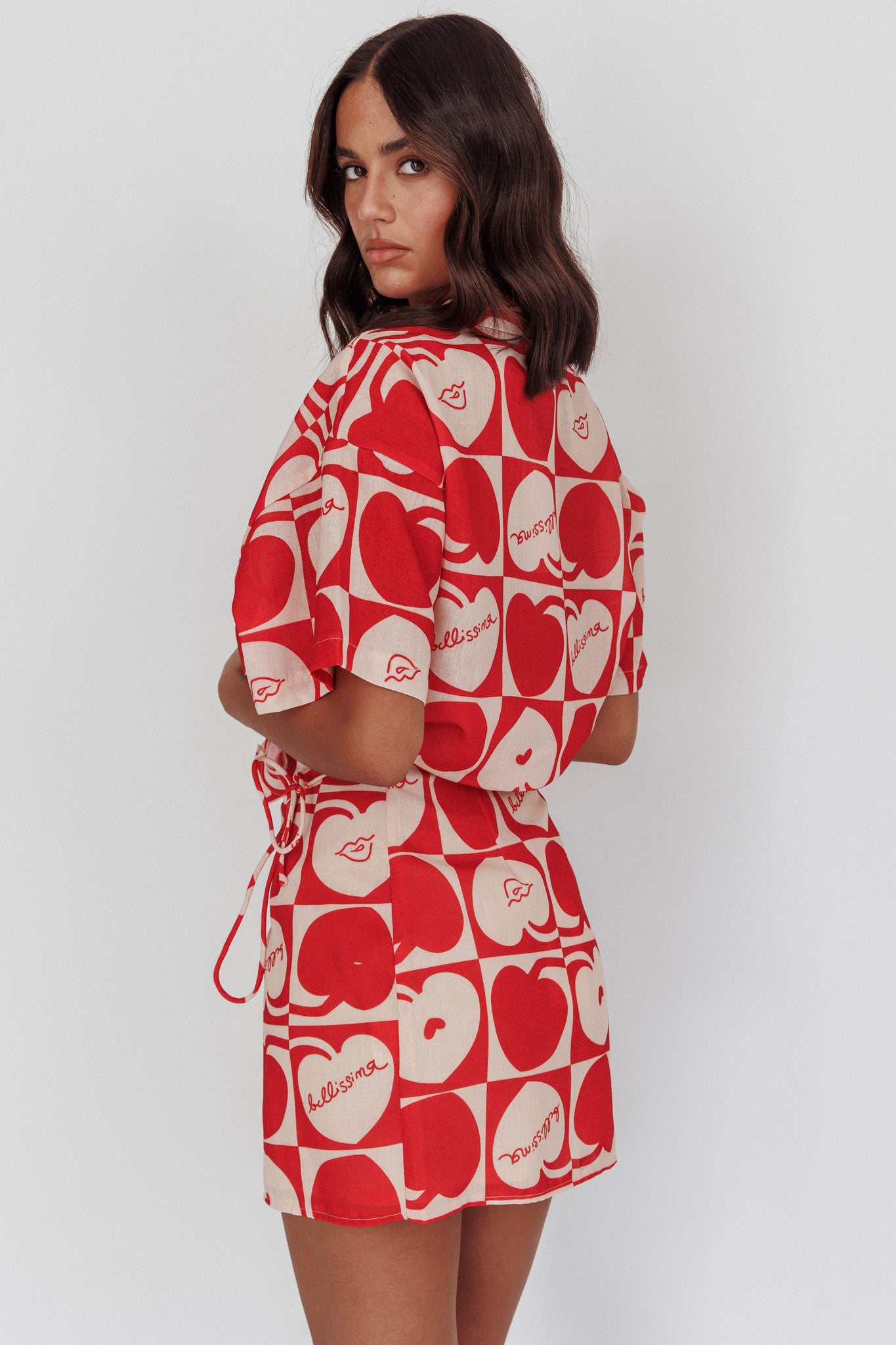 Ithaca Cherry Print Mini Wrap Skirt Red Beige by Selfie Leslie