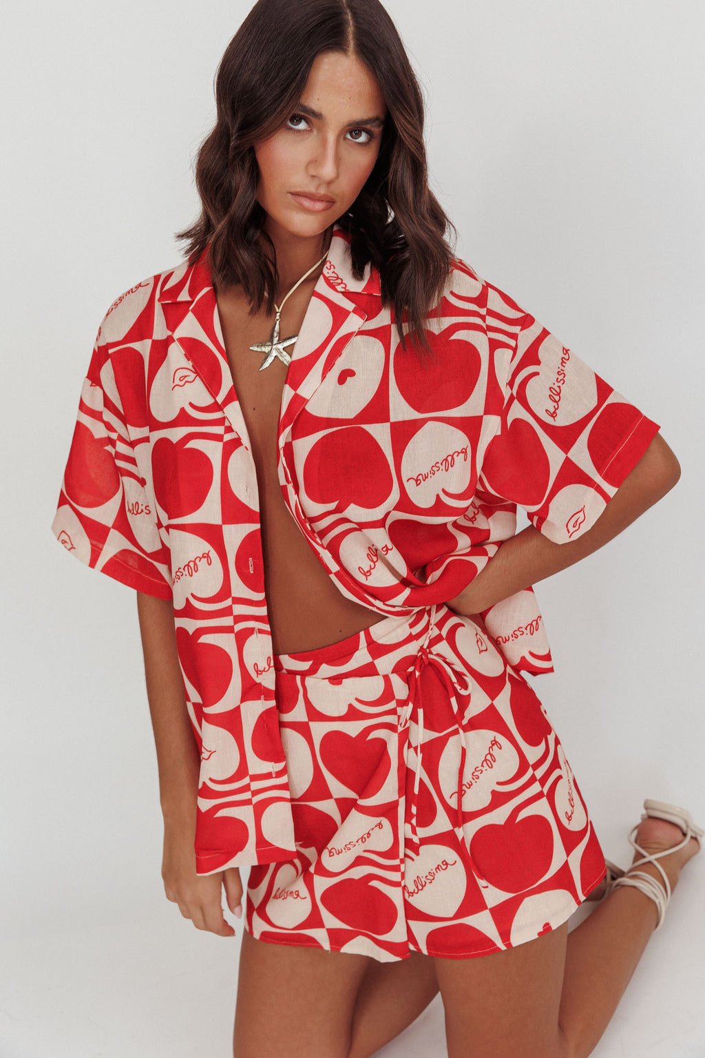 Ithaca Cherry Print Mini Wrap Skirt Red Beige by Selfie Leslie