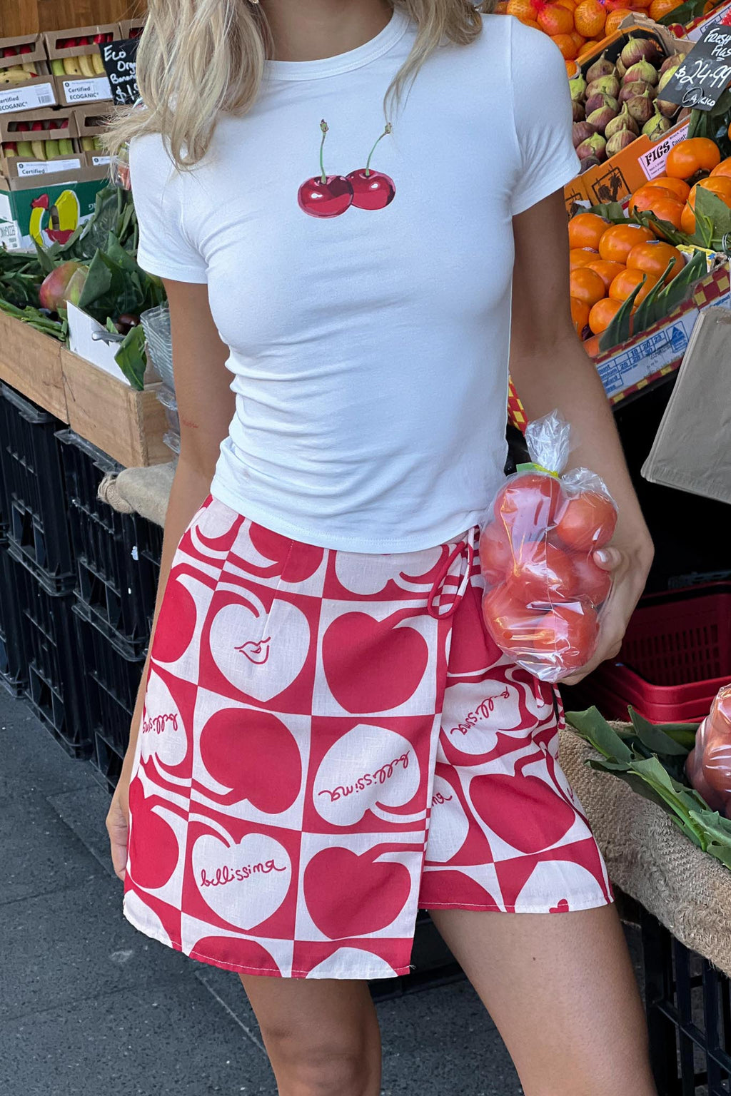 Ithaca Cherry Print Mini Wrap Skirt Red Beige by Selfie Leslie