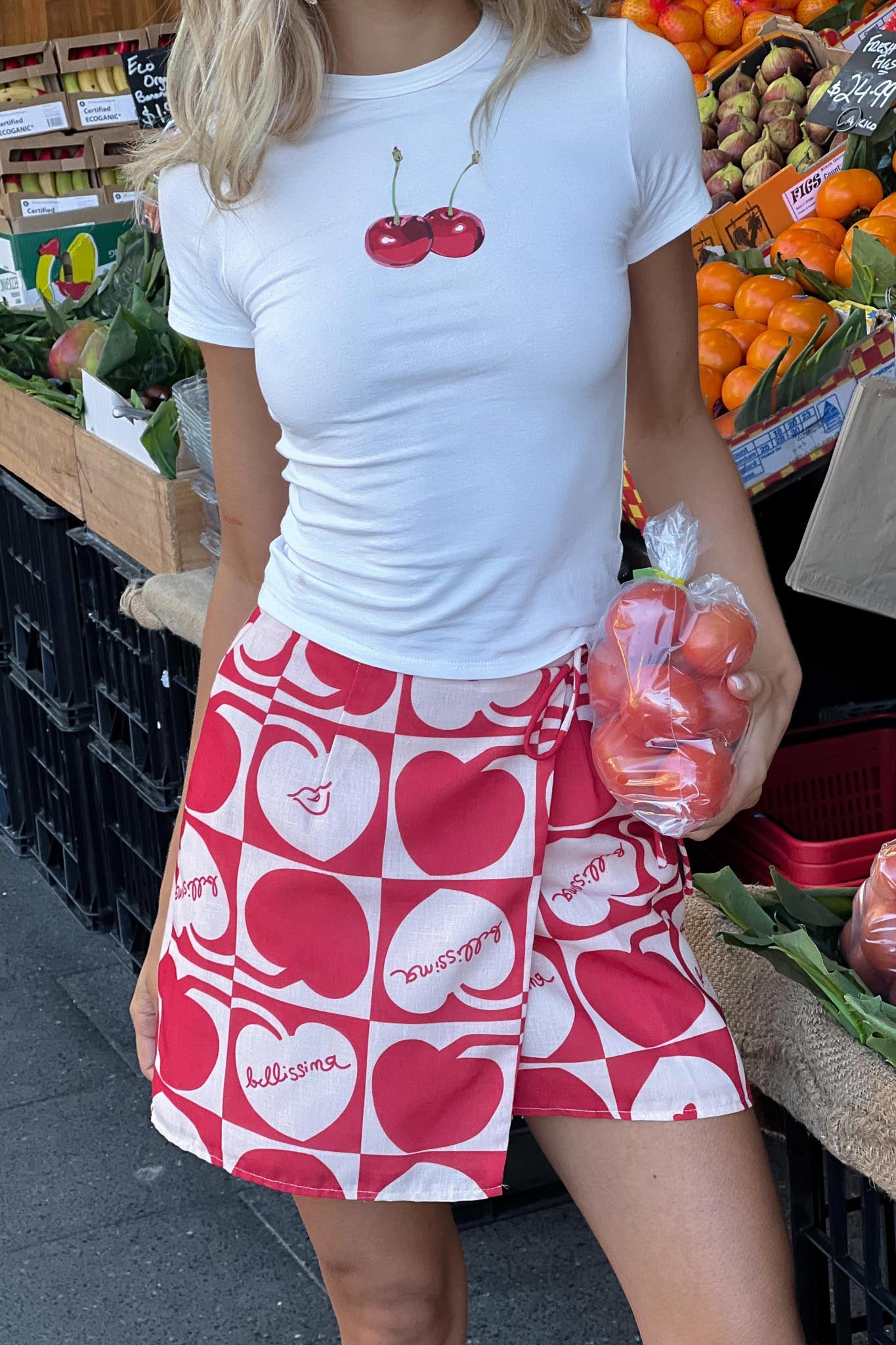 Ithaca Cherry Print Mini Wrap Skirt Red Beige by Selfie Leslie