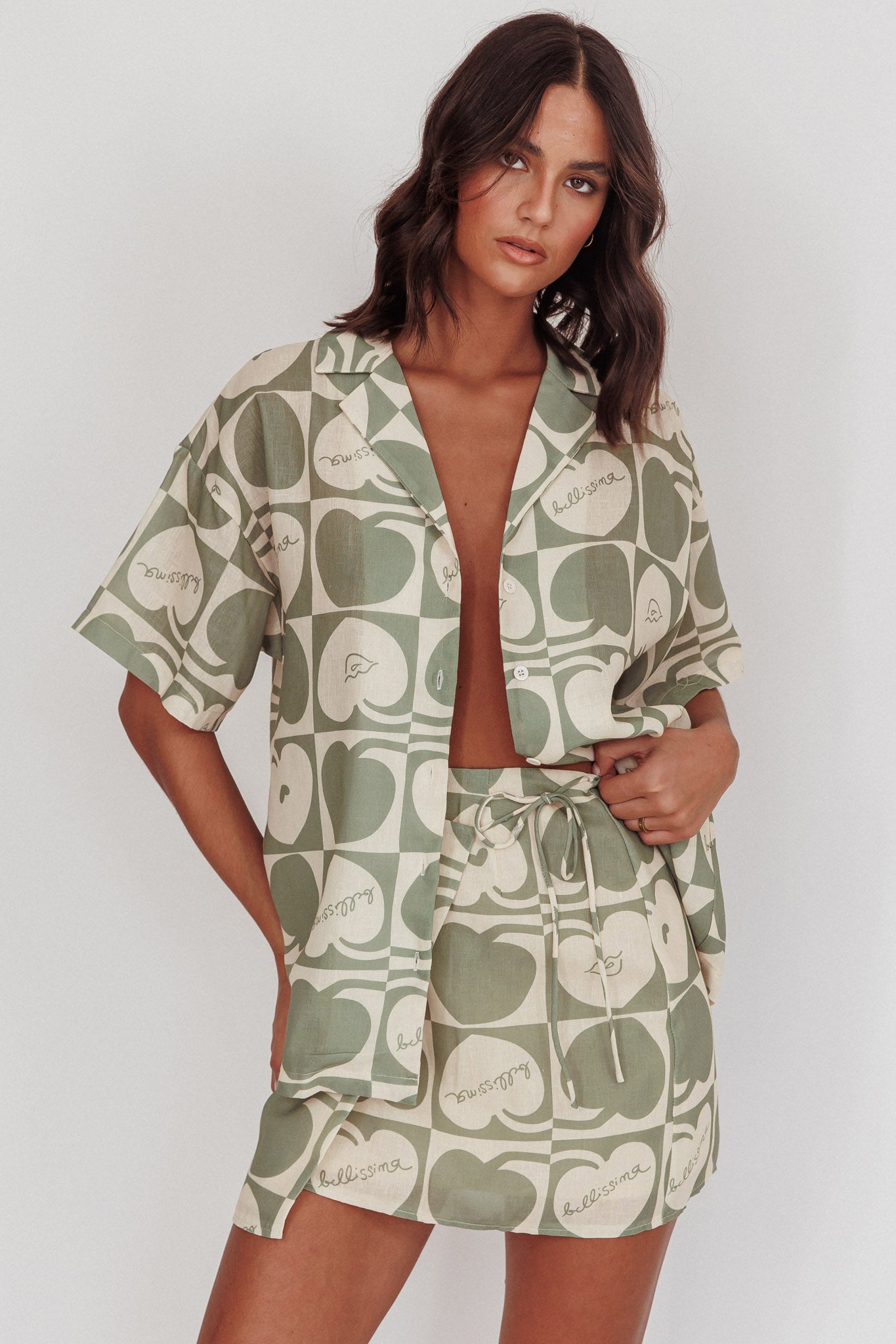 Ithaca Cherry Print Mini Wrap Skirt Sage Beige by Selfie Leslie