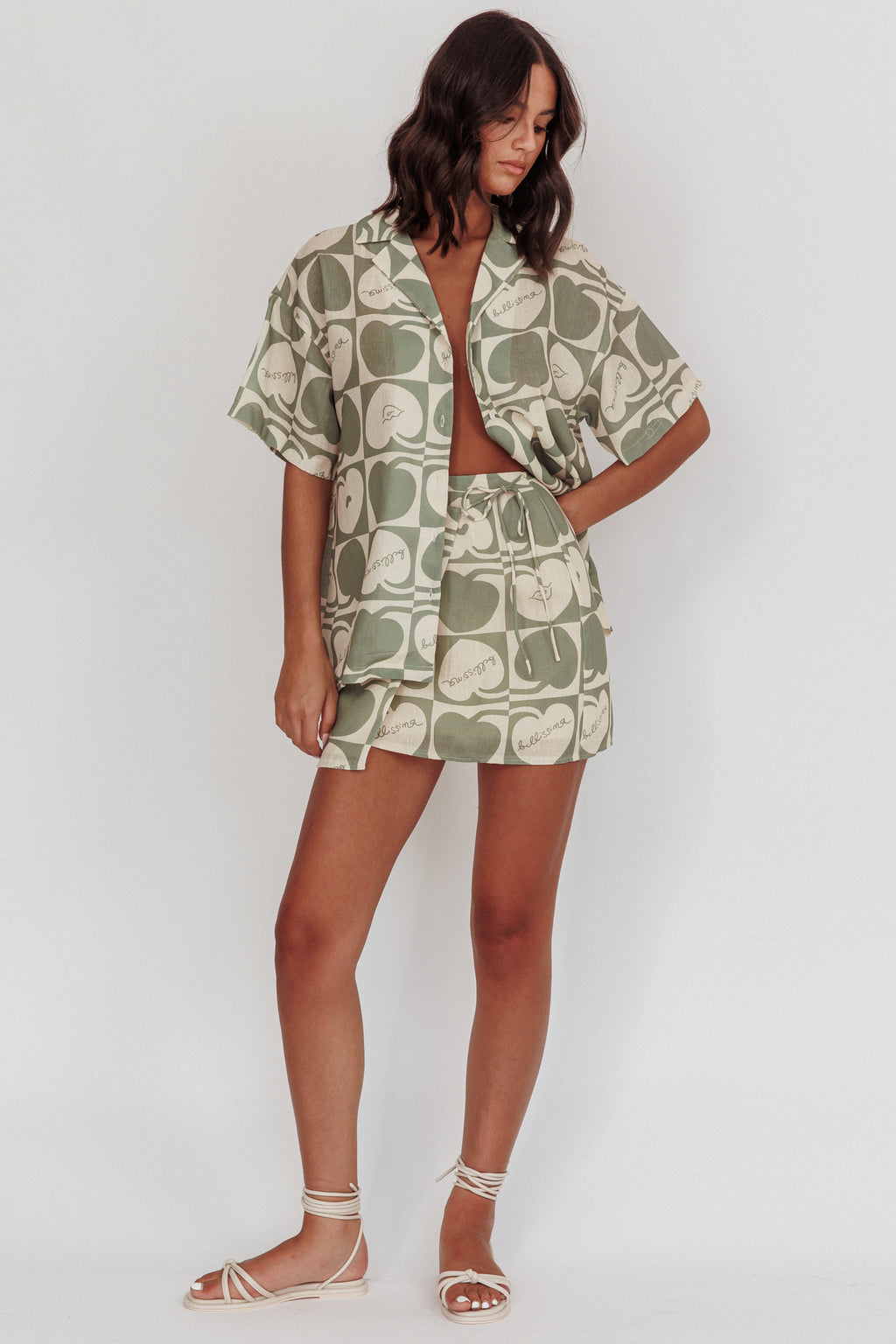 Ithaca Cherry Print Mini Wrap Skirt Sage Beige by Selfie Leslie