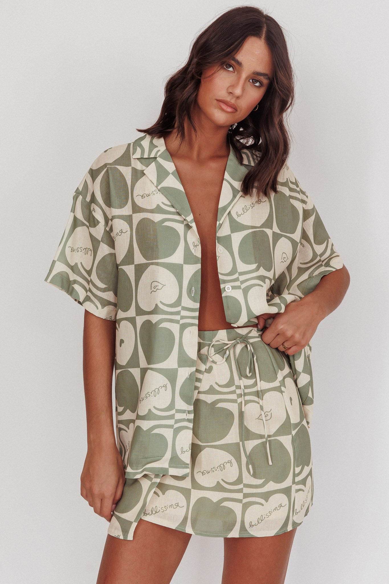 Ithaca Cherry Print Mini Wrap Skirt Sage Beige by Selfie Leslie