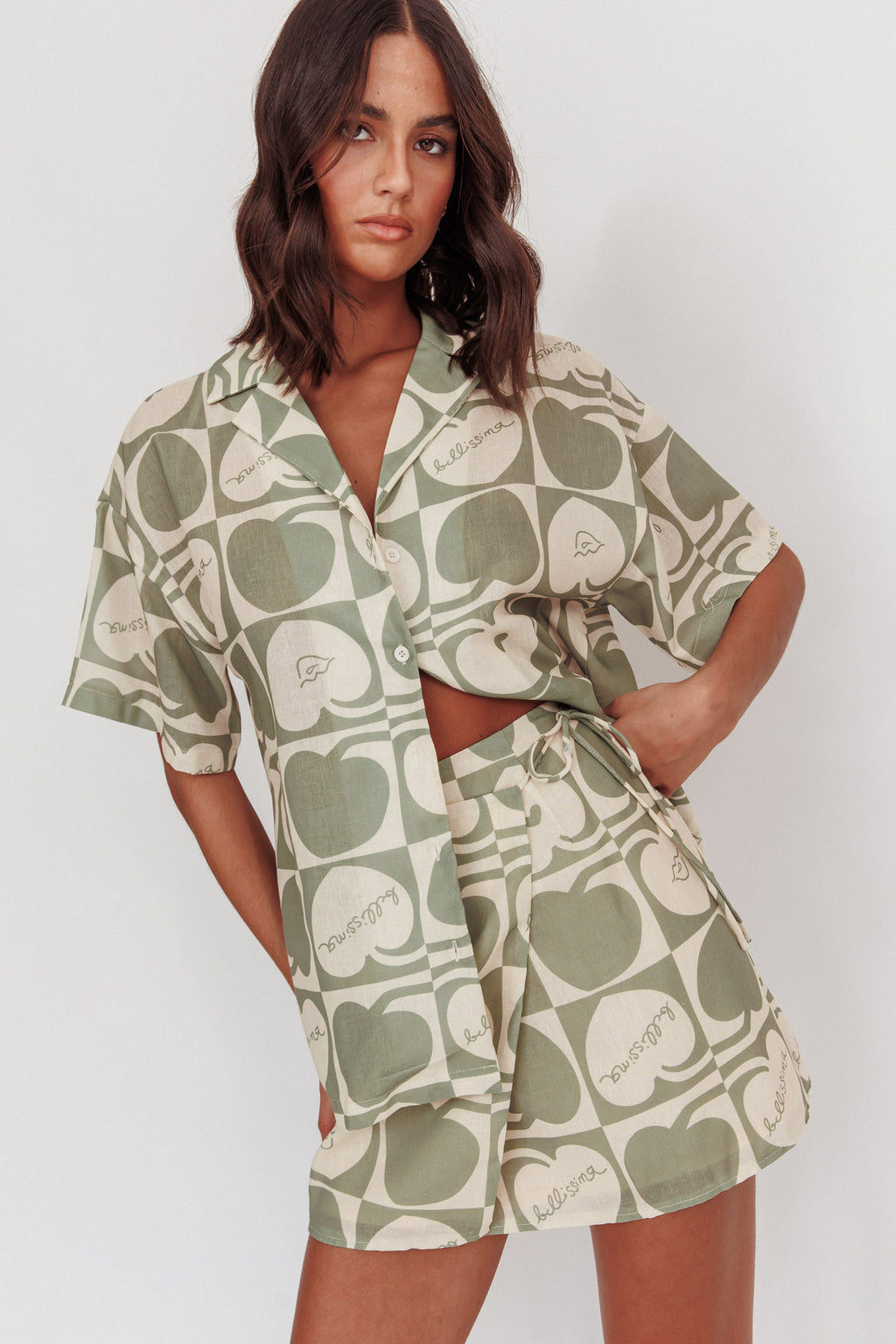 Ithaca Cherry Print Mini Wrap Skirt Sage Beige by Selfie Leslie