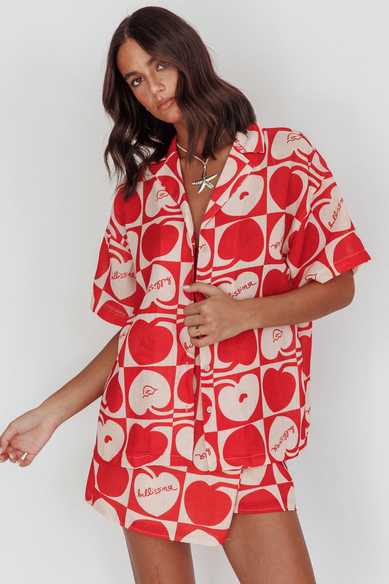 Ithaca Cherry Print Short Sleeve Shirt Red Beige by Selfie Leslie