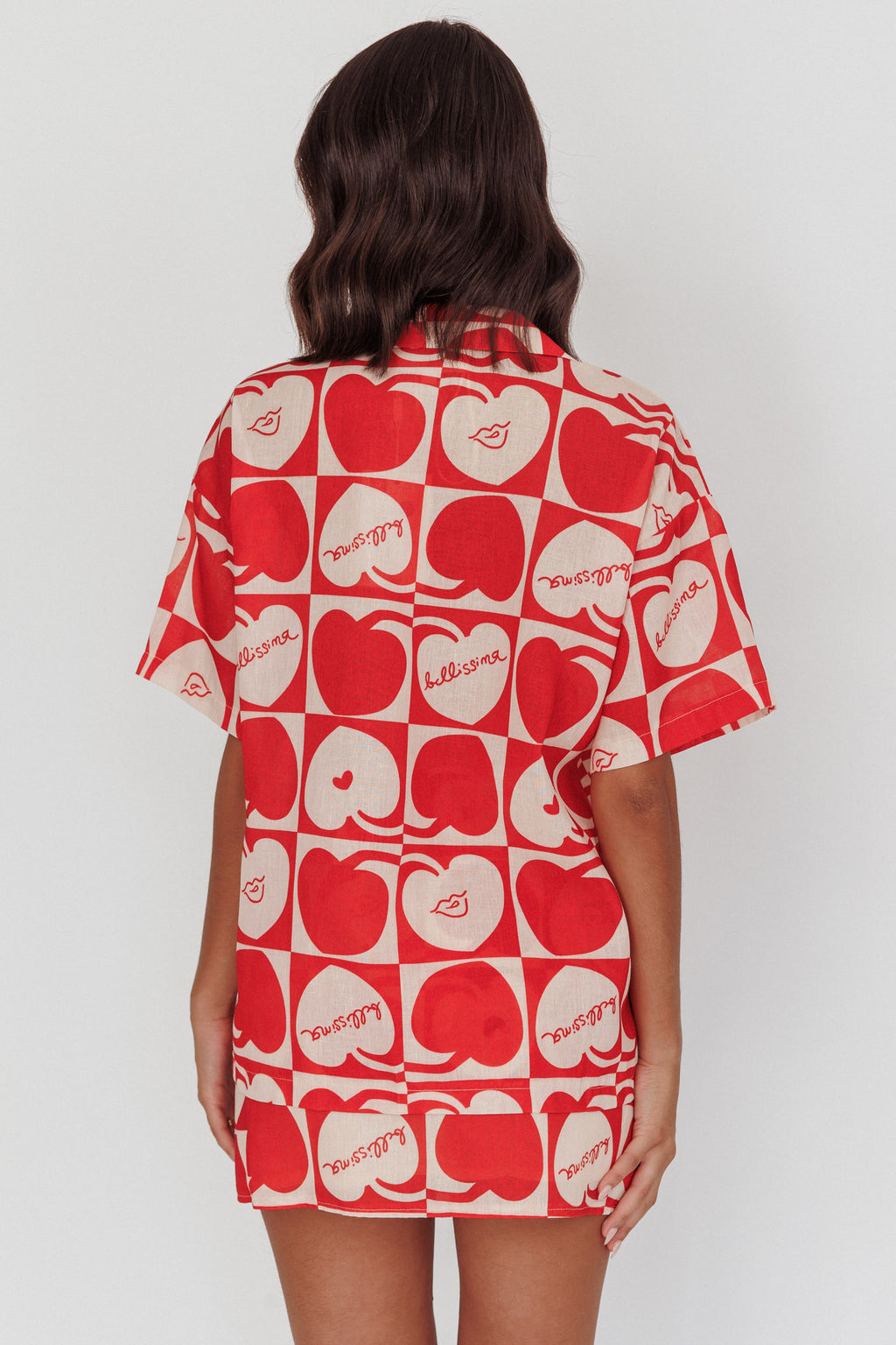 Ithaca Cherry Print Short Sleeve Shirt Red Beige by Selfie Leslie