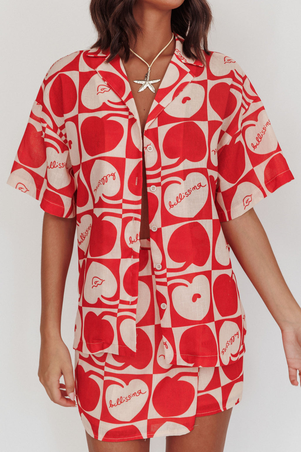 Ithaca Cherry Print Short Sleeve Shirt Red Beige by Selfie Leslie