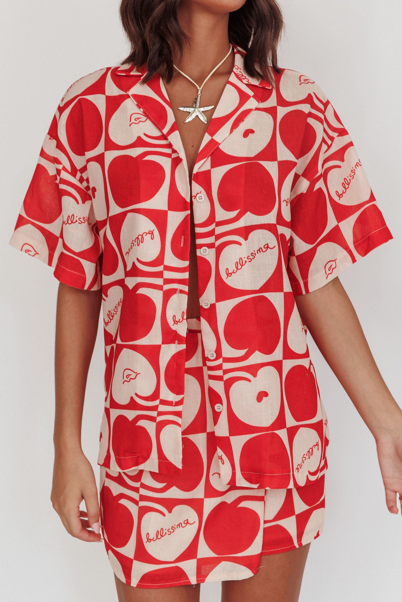 Ithaca Cherry Print Short Sleeve Shirt Red Beige by Selfie Leslie