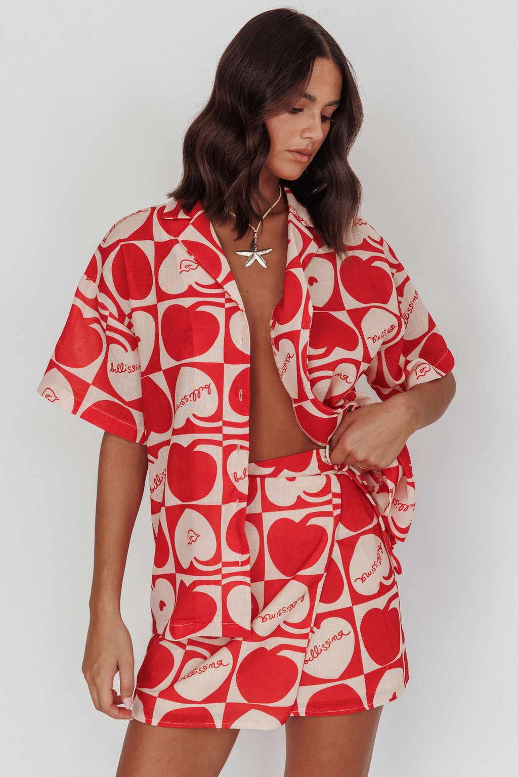 Ithaca Cherry Print Short Sleeve Shirt Red Beige by Selfie Leslie