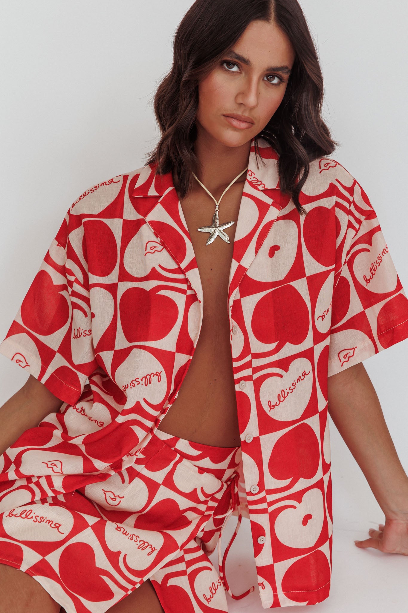 Ithaca Cherry Print Short Sleeve Shirt Red Beige by Selfie Leslie