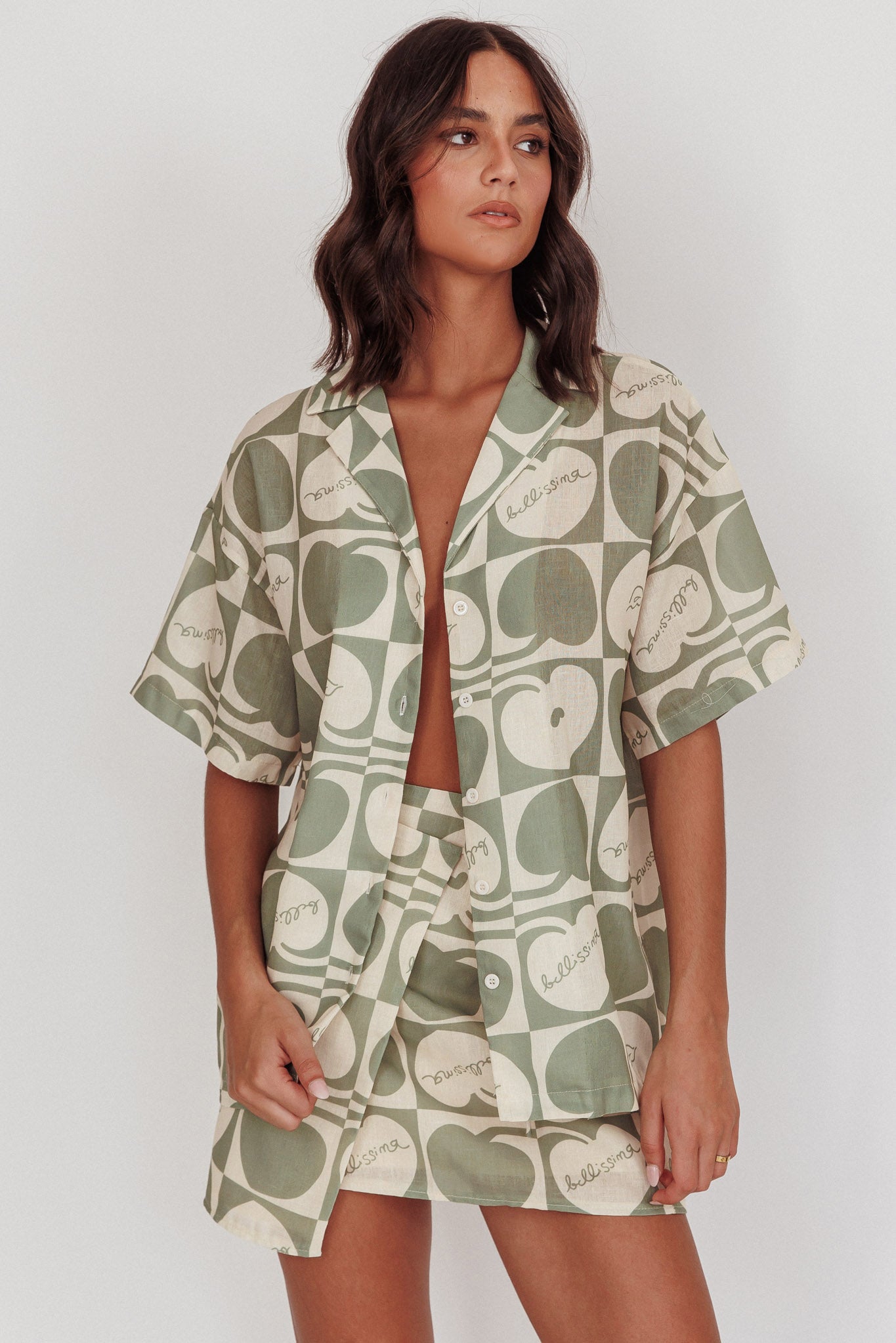 Ithaca Cherry Print Short Sleeve Shirt Sage Beige by Selfie Leslie