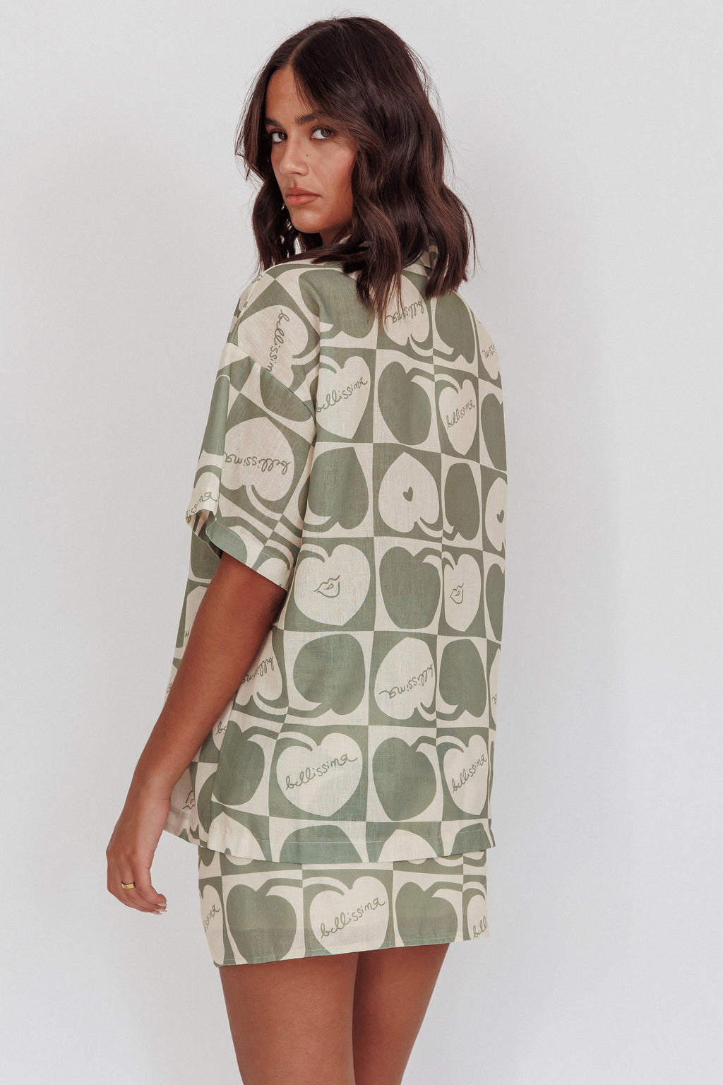 Ithaca Cherry Print Short Sleeve Shirt Sage Beige by Selfie Leslie