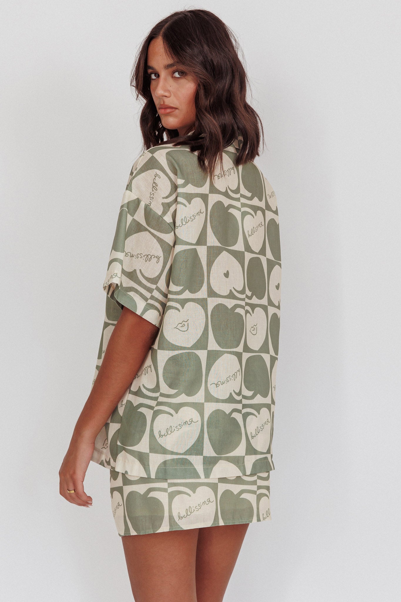 Ithaca Cherry Print Short Sleeve Shirt Sage Beige by Selfie Leslie