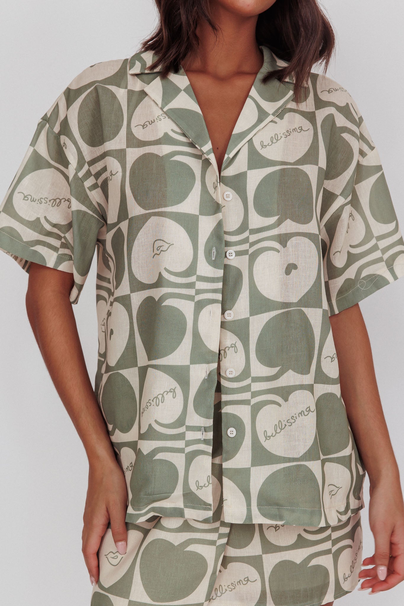 Ithaca Cherry Print Short Sleeve Shirt Sage Beige by Selfie Leslie