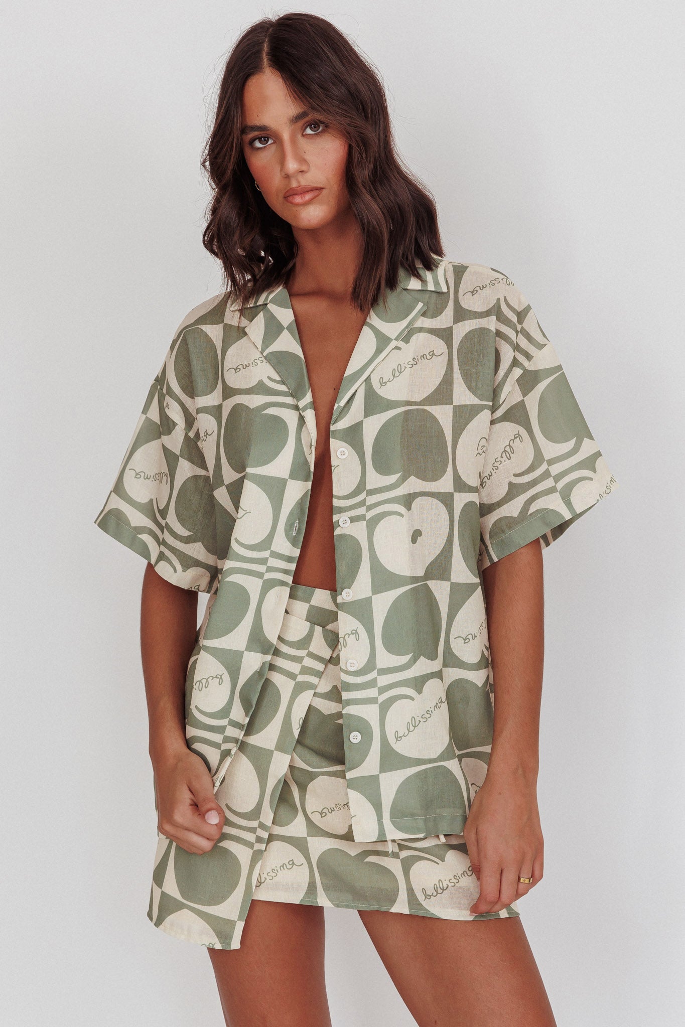 Ithaca Cherry Print Short Sleeve Shirt Sage Beige by Selfie Leslie