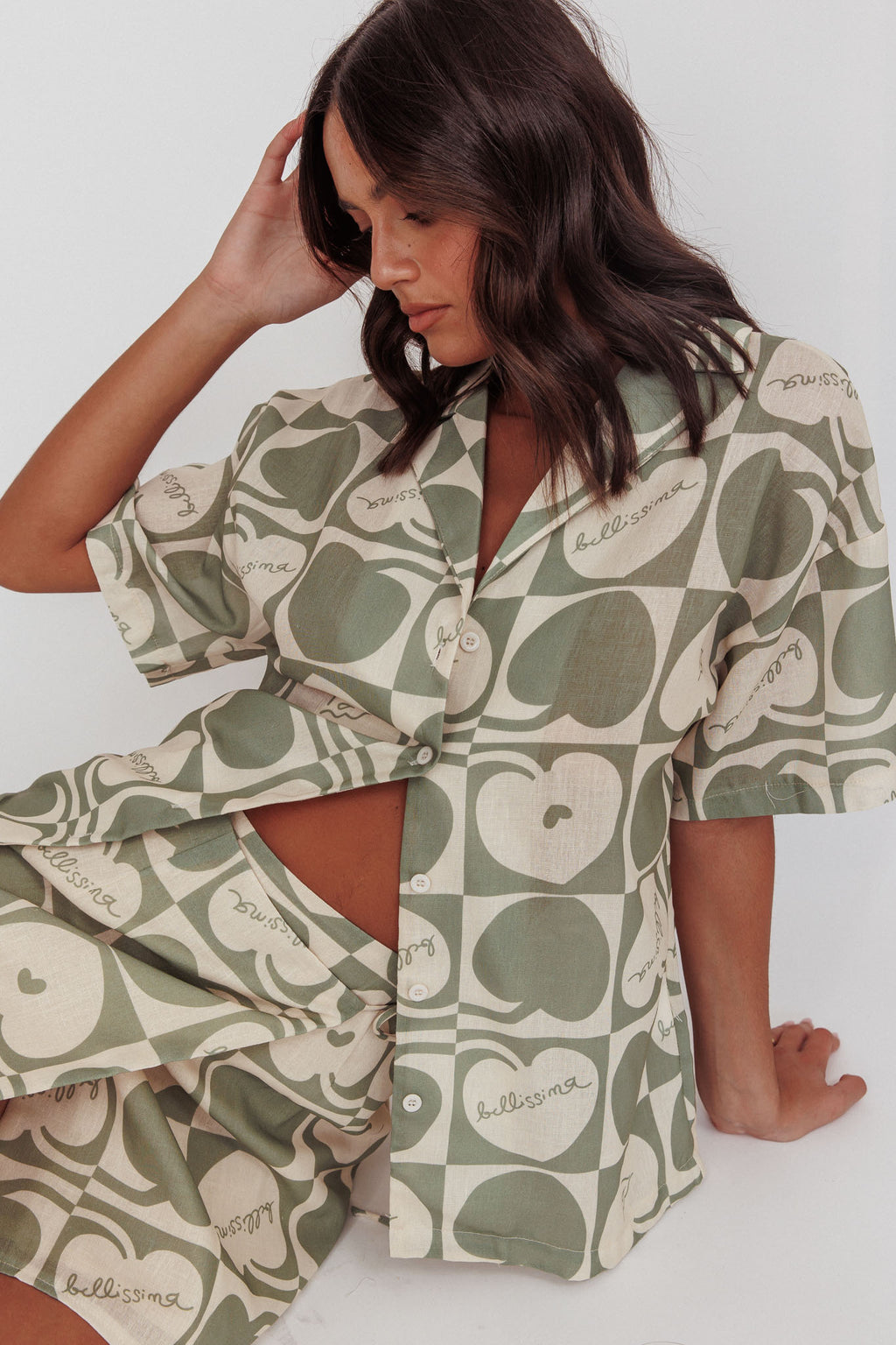 Ithaca Cherry Print Short Sleeve Shirt Sage Beige by Selfie Leslie