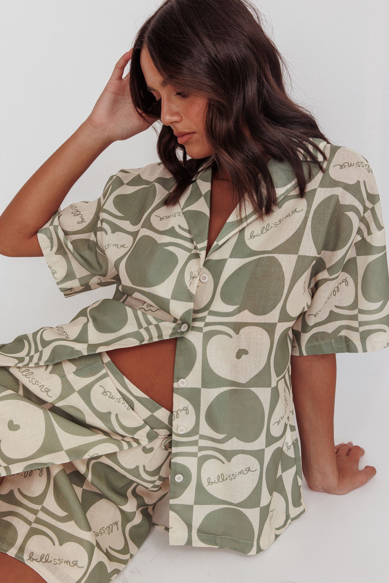 Ithaca Cherry Print Short Sleeve Shirt Sage Beige by Selfie Leslie