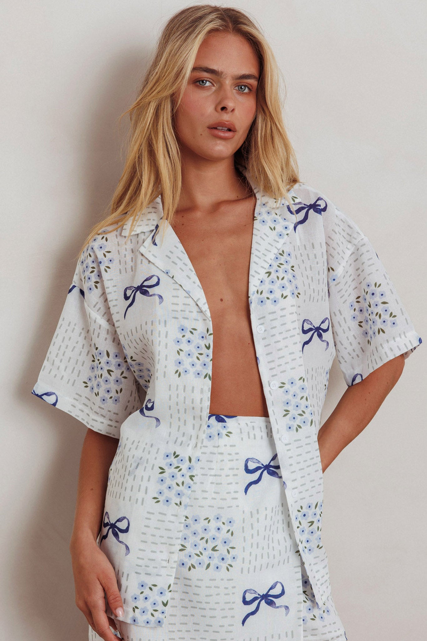 Ithaca Short Sleeve Button Shirt Bow Print Blue by Selfie Leslie