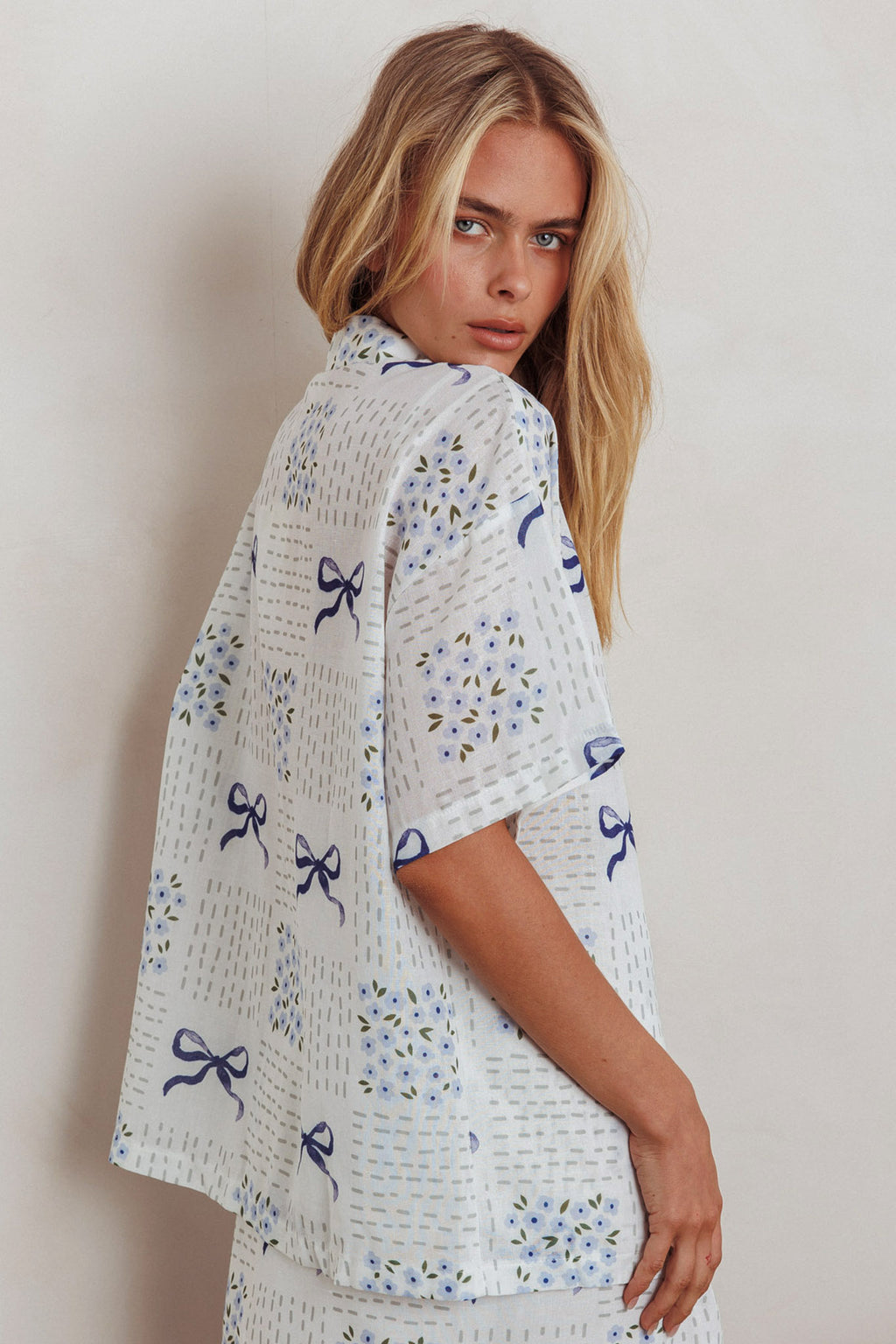 Ithaca Short Sleeve Button Shirt Bow Print Blue by Selfie Leslie
